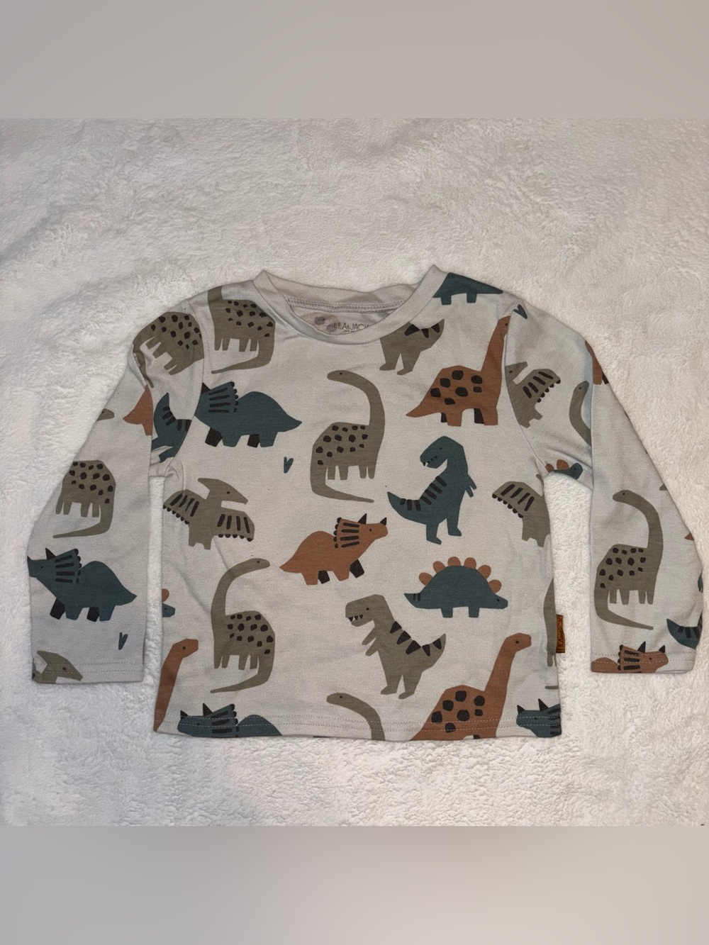 Kids Long Sleeve Dino Print Top - Cream with Green & Brown Dinosaurs